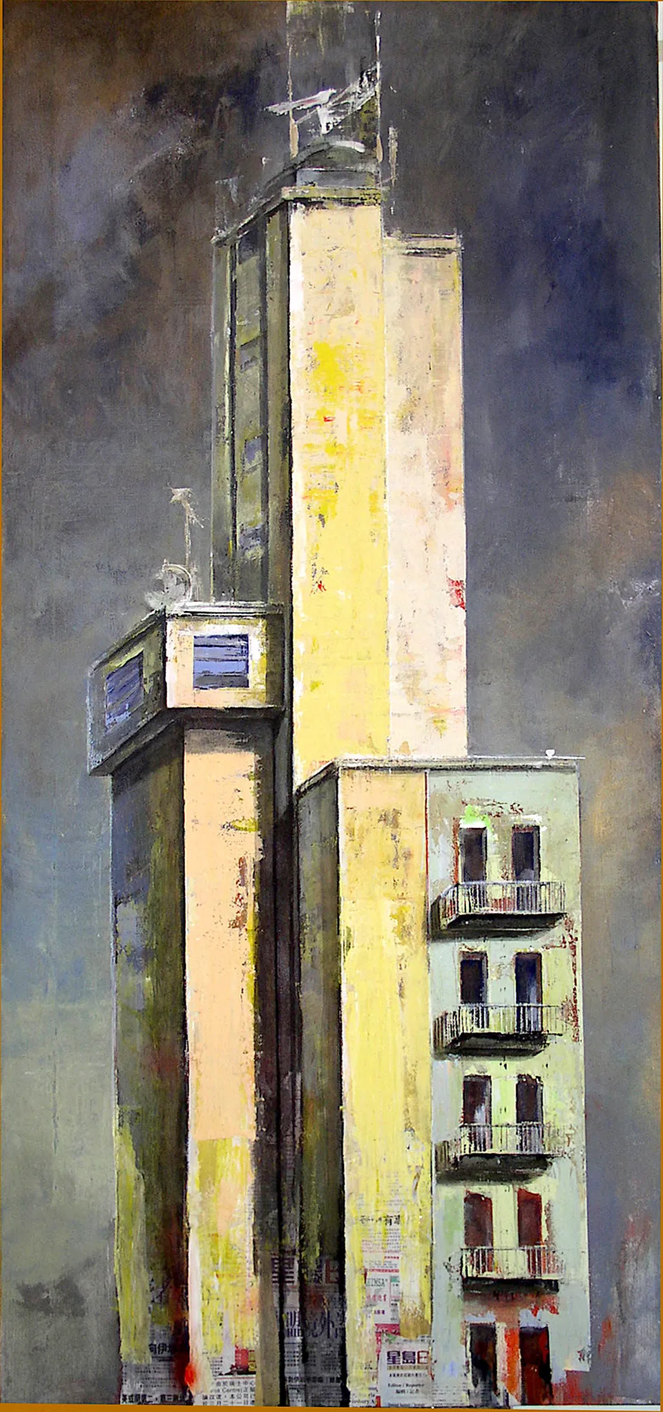 Francesco Santosuosso, La torre dei pompieri di via Procaccini, 2003, acrilico su tela, 190×90 cm