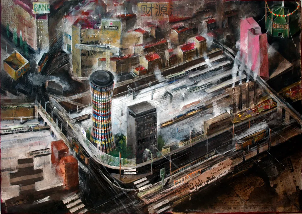 Francesco Santosuosso, La torre del ponte Farini, 2009, acrilico su tela, 50×70 cm