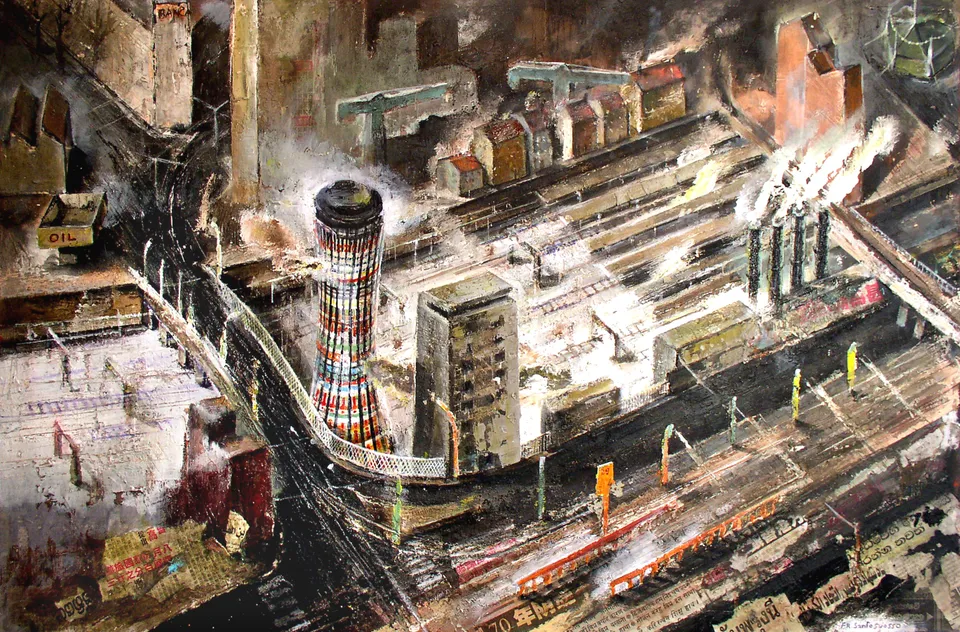 Francesco Santosuosso, La torre del ponte farini, 2005, acrilico su tavola, 60×90 cm