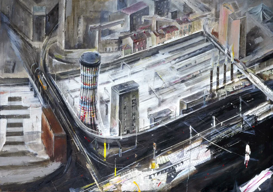 Francesco Santosuosso, La torre del ponte farini, 2002, olio e acrilico su tela, 100×140 cm