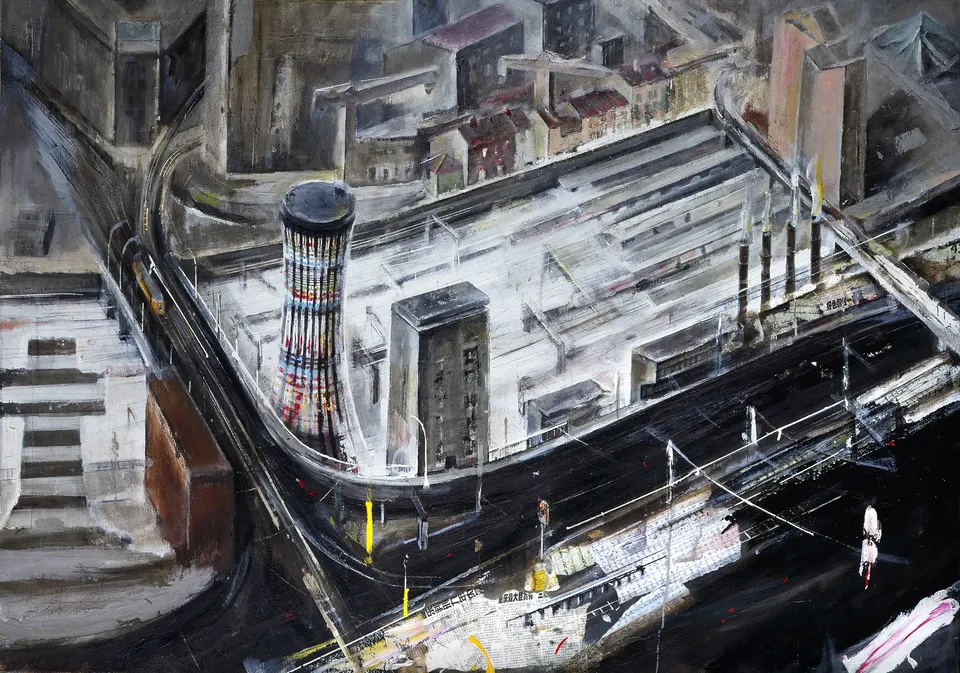 Francesco Santosuosso, La torre del ponte farini, 2002, olio e acrilico su tela, 100×140 cm