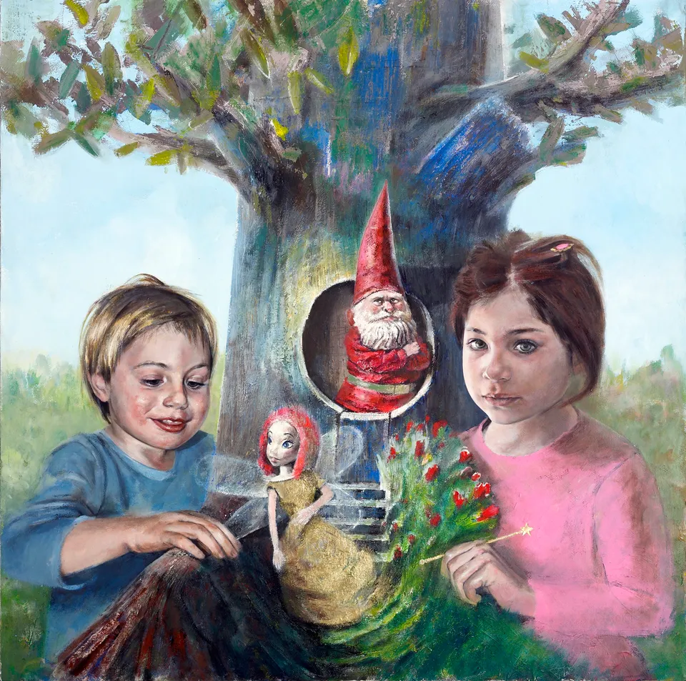 Francesco Santosuosso, MATTEO,SOFIA e l'albero dello gnomo, 2008, tecnica mista su cartone su tavola, 90×90 cm
