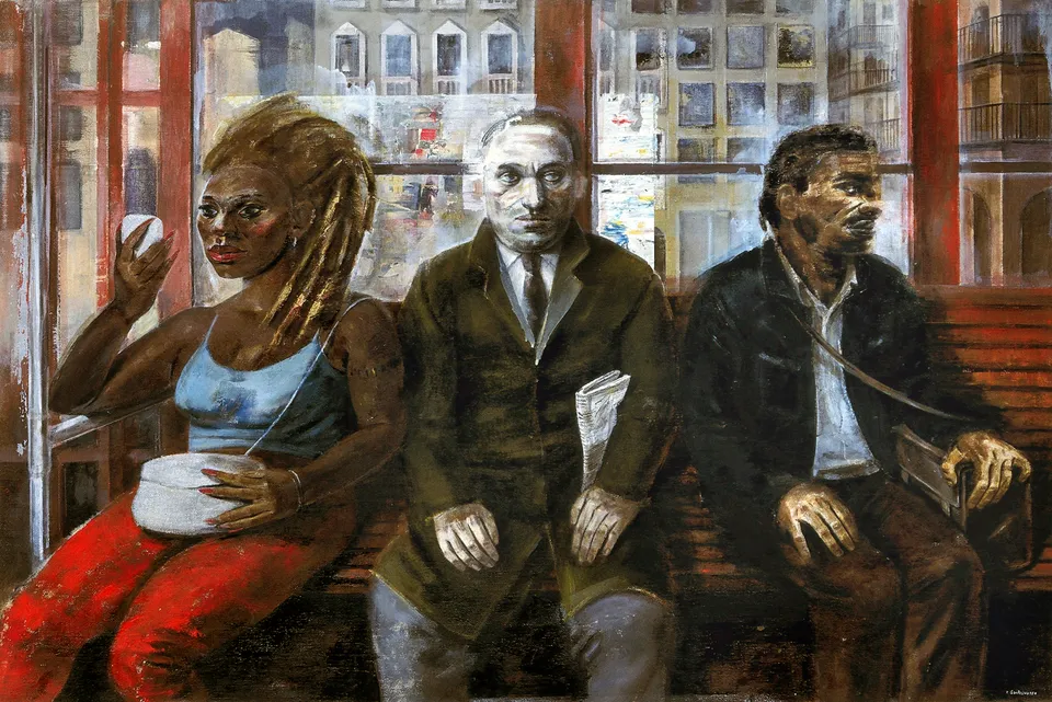 Francesco Santosuosso, Milanesi, 2000, olio acrilici su tela, 100×150 cm