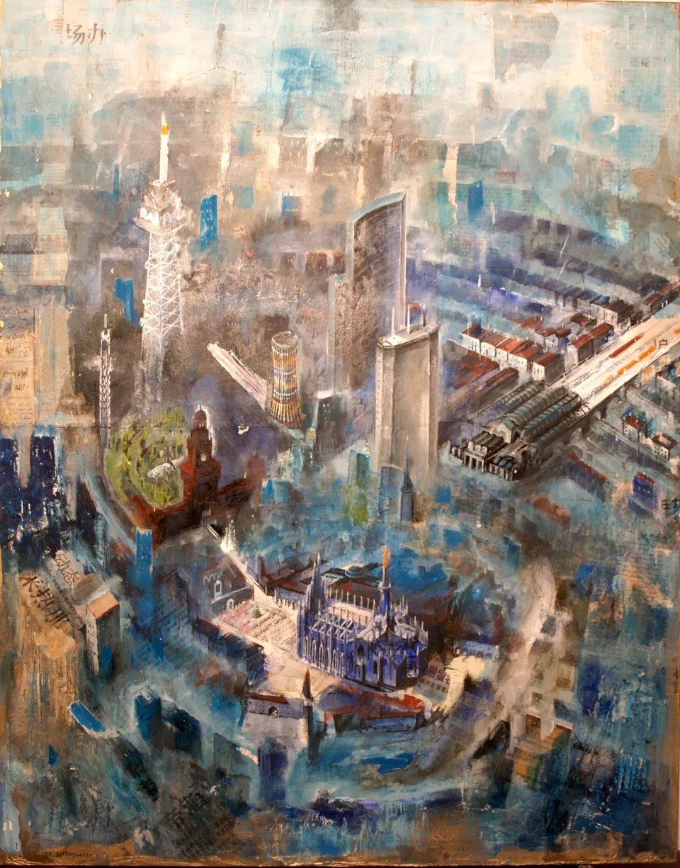 Francesco Santosuosso, Milano, 2011, acquarello, penna ,acrilici e collage su tavola, 70×50 cm