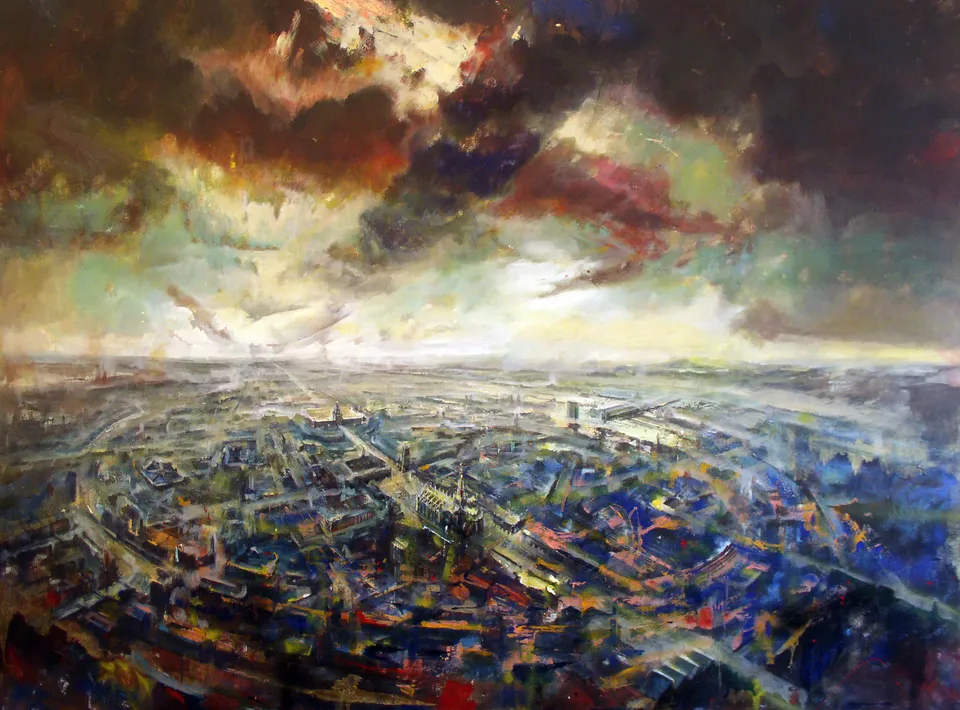 Francesco Santosuosso, Milano blu, 2003, olio su tela, 200×230 cm