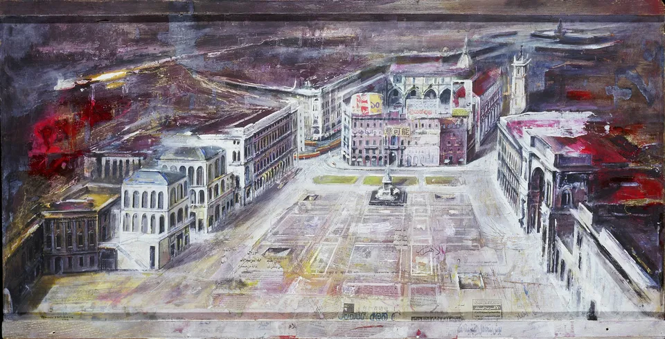 Francesco Santosuosso, MILANO piazza Duomo, 2004, olio su tavola, 61×117 cm