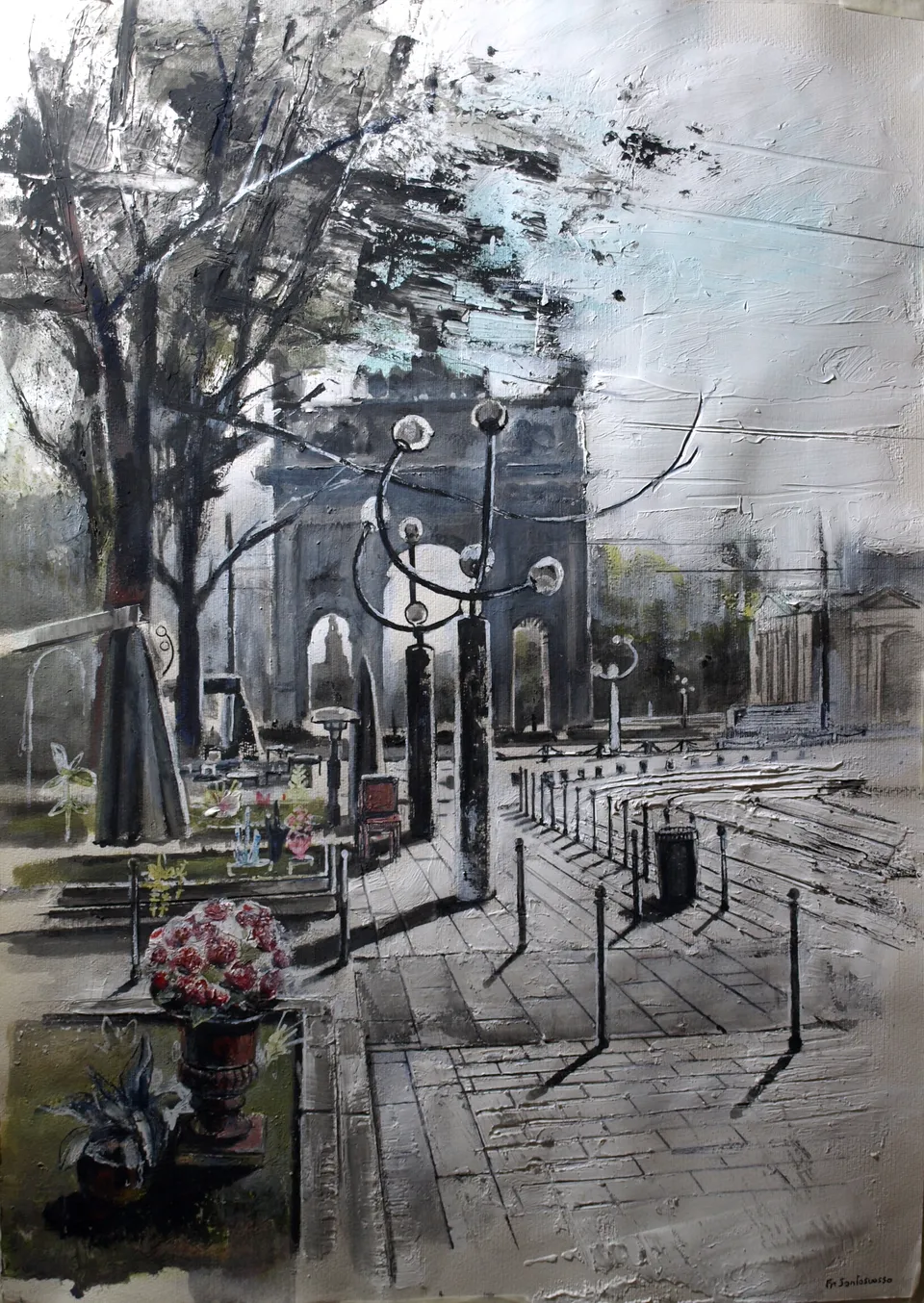 Francesco Santosuosso, MILANO, Piazza Sempione, 2022, olio, acrilici e inchiostro su carta, 71×51 cm