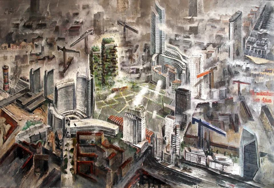 Francesco Santosuosso, MILANO-porta nuova-lavori in corso, 2013, olio acrilico su metallo, 70×100 cm
