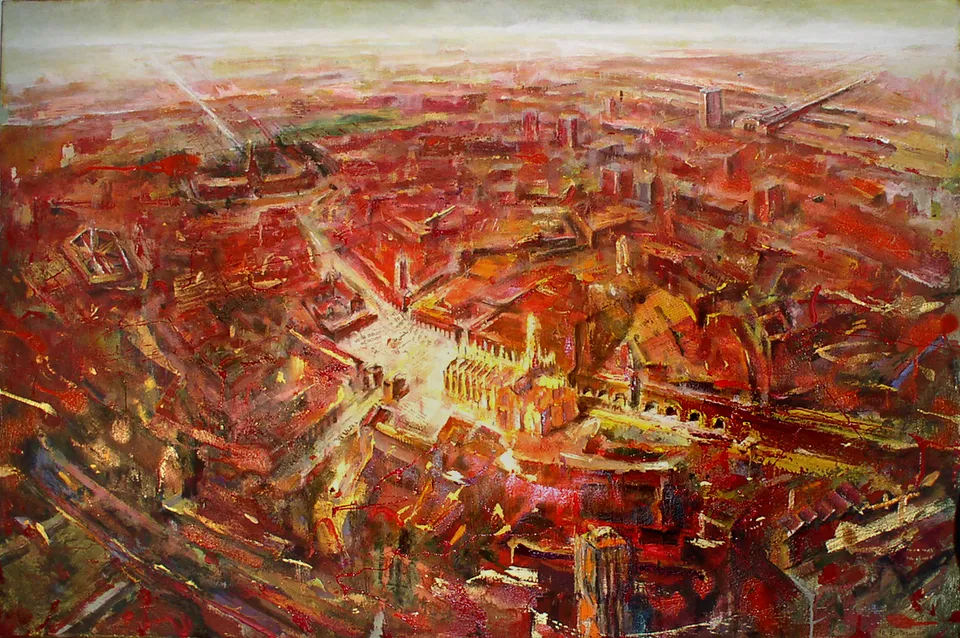 Francesco Santosuosso, Milano rossa, 2003, olio e acrilici su tela, 100×140 cm