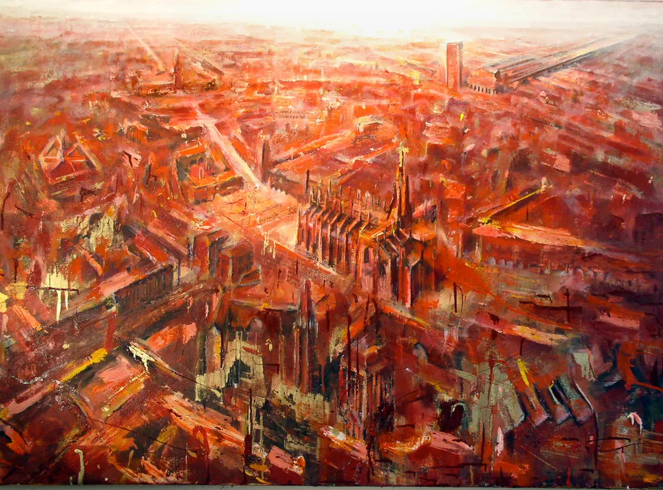 Francesco Santosuosso, Milano Rossa, 2003, olio e acrilico su tela, 100×140 cm