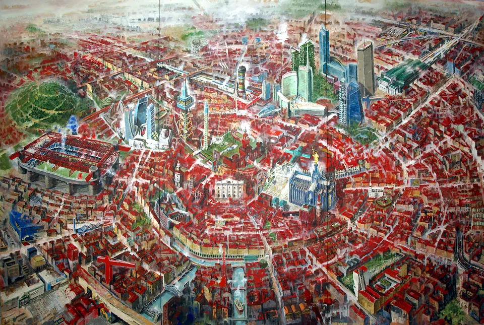 Francesco Santosuosso, Milano rossa, 2022, olio e acrilico, 200×300 cm