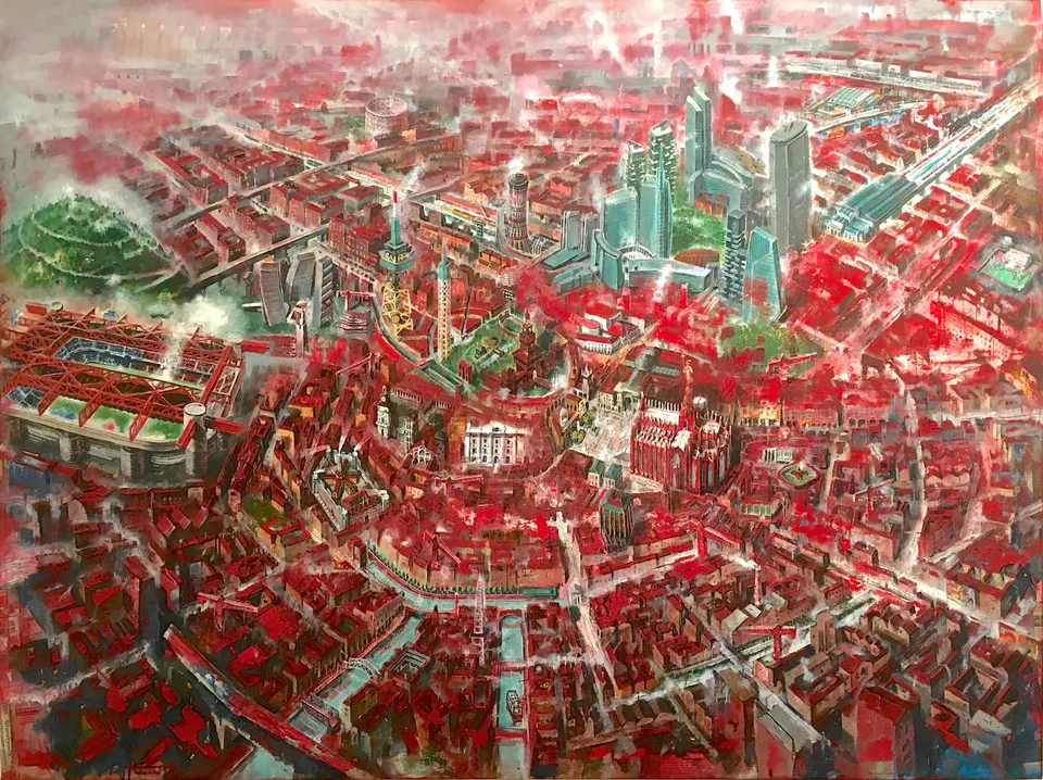 Francesco Santosuosso, MILANO ROSSA Fr, 2020, olio e acrilici su tela, 150×200 cm