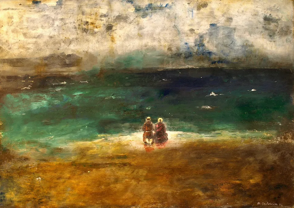 Francesco Santosuosso, Monaci sulla spiaggia, 2024, olio e acrilico su carta, 35×50 cm
