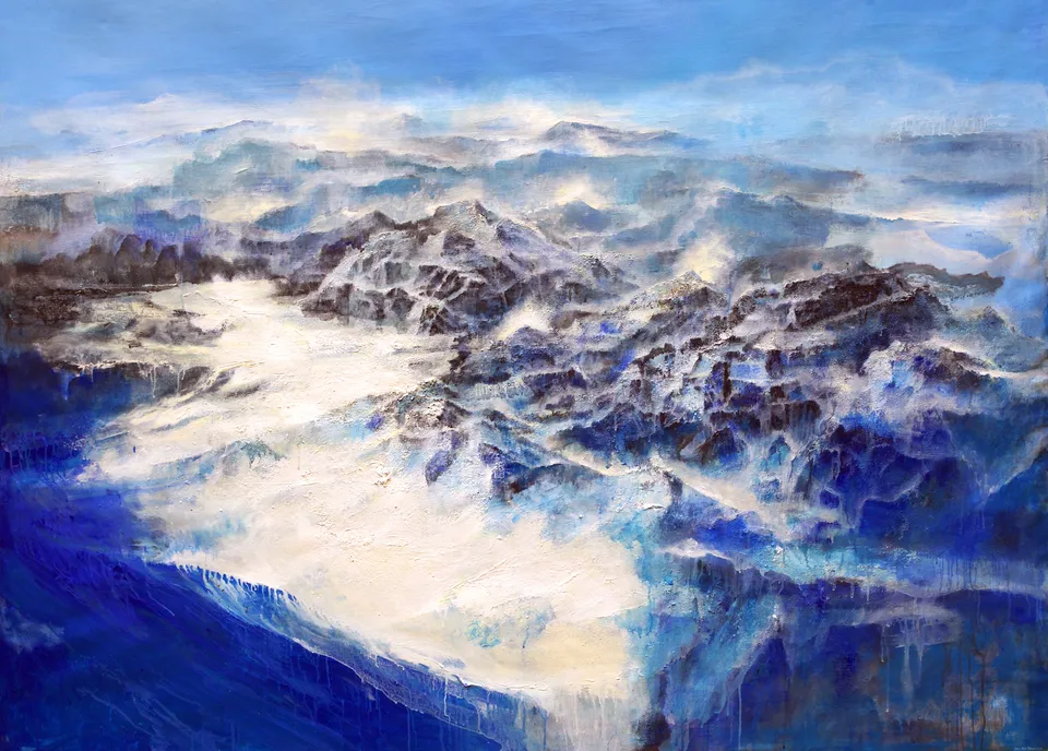 Francesco Santosuosso, Montagne, 2022, olio e acrilici su tela, 150×200 cm