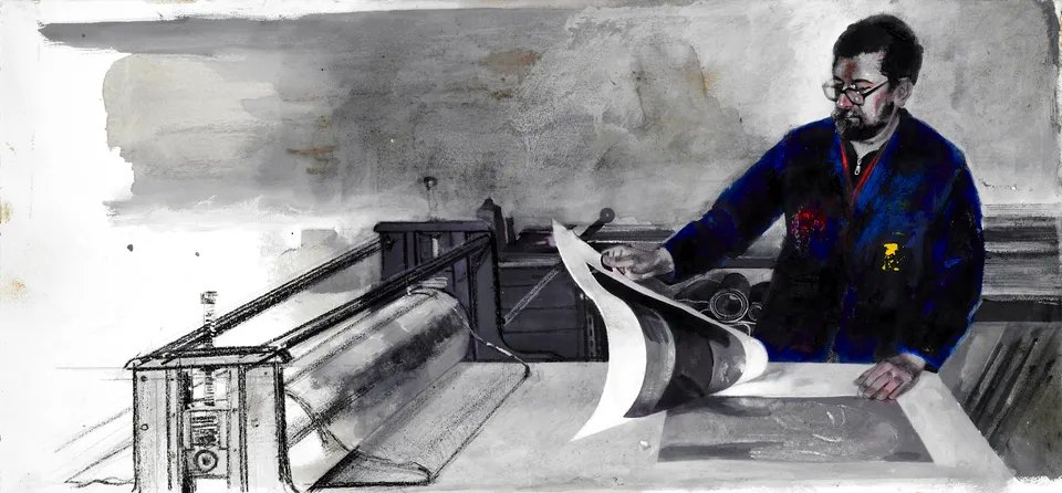 Francesco Santosuosso, Moreno, 2007, tecnica mista su carta su alluminio, 33×71 cm
