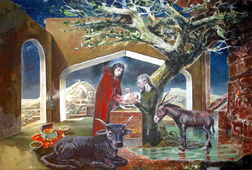 Francesco Santosuosso, Natività, 2022, olio e acrilico su tela, 80×120 cm