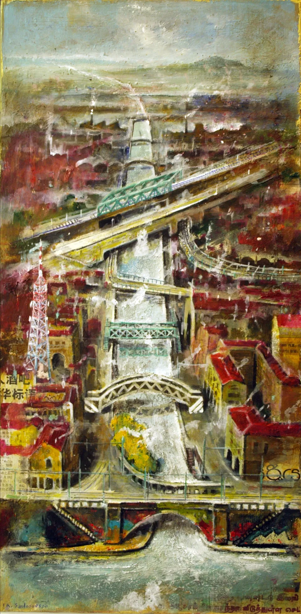 Francesco Santosuosso, Naviglio 10 ponti, acrilico su tavola, 62×30 cm