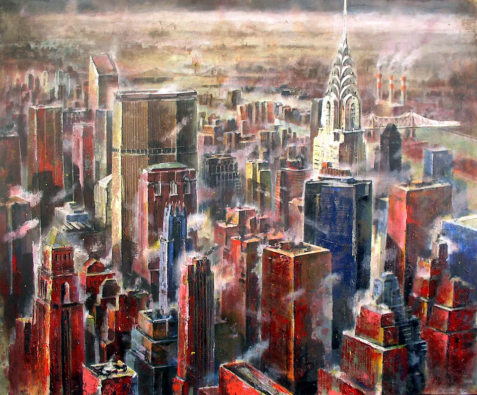 Francesco Santosuosso, New york, 2005, olio e acrilico su tavola, 100×120 cm