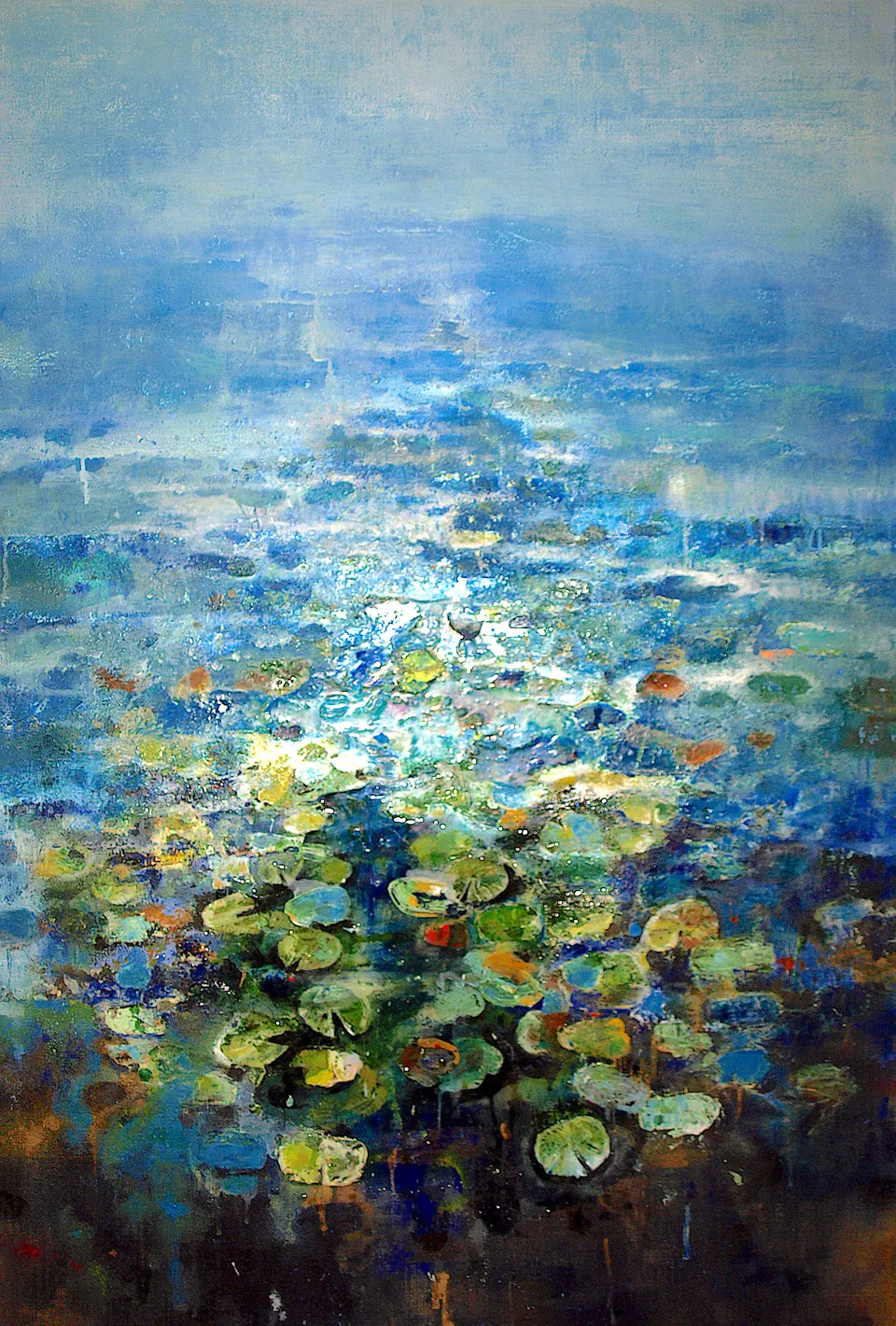 Francesco Santosuosso, Ninfee, olio e acrilico su tela, 150×100 cm