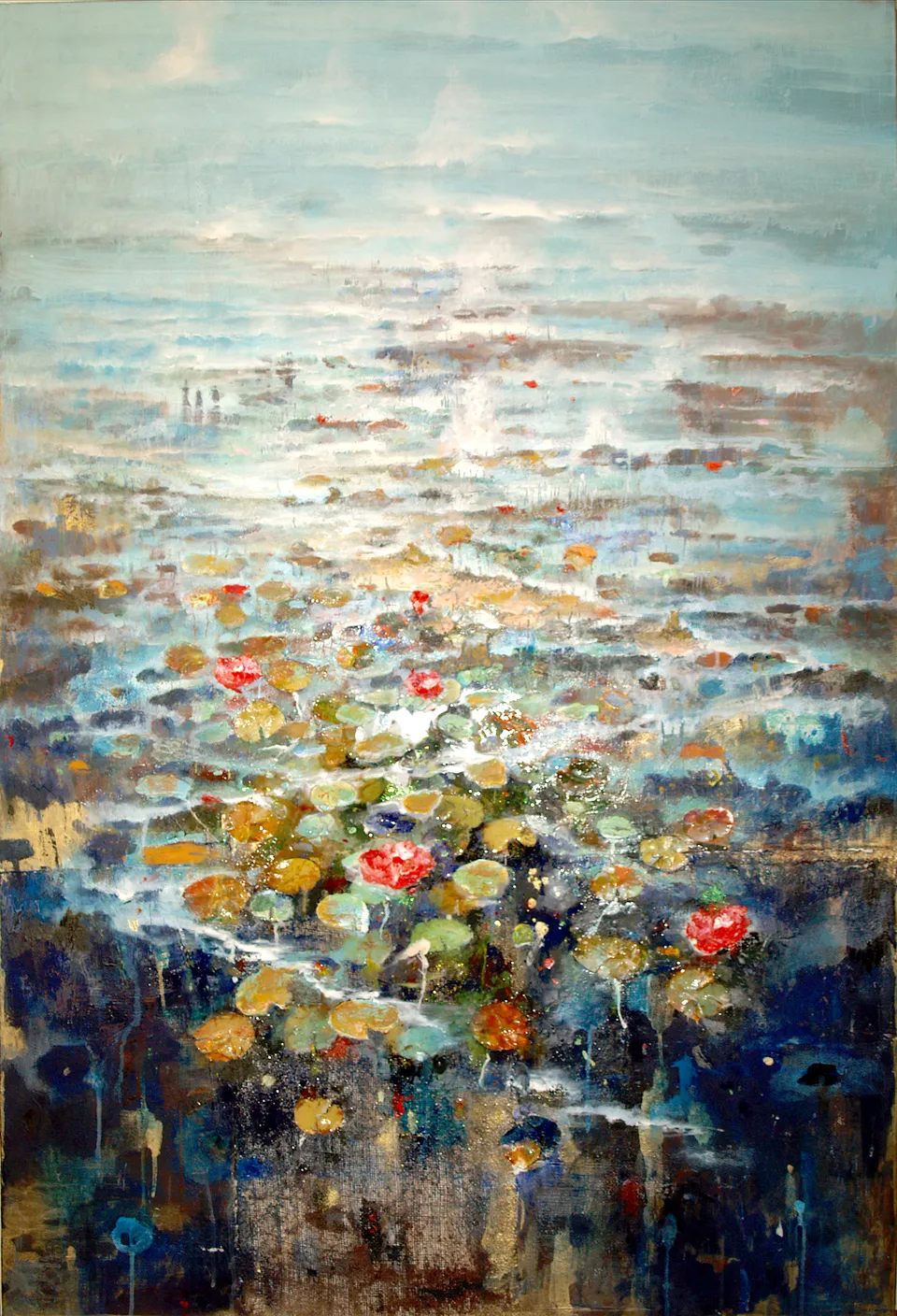 Francesco Santosuosso, Ninfee, 2018, olio ,acrilico e resina trasparente su tela, 150×100 cm