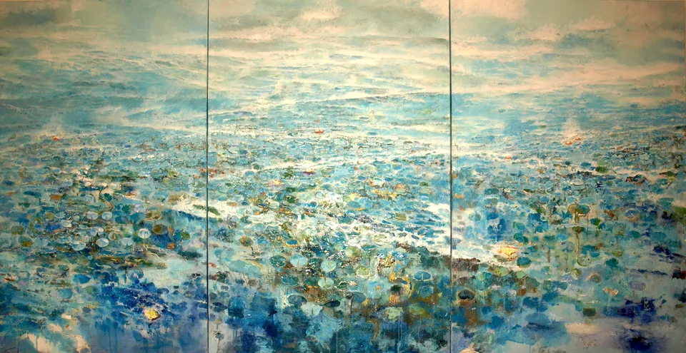Francesco Santosuosso, Ninfee, olio e acrilico su tela, 150×300 cm