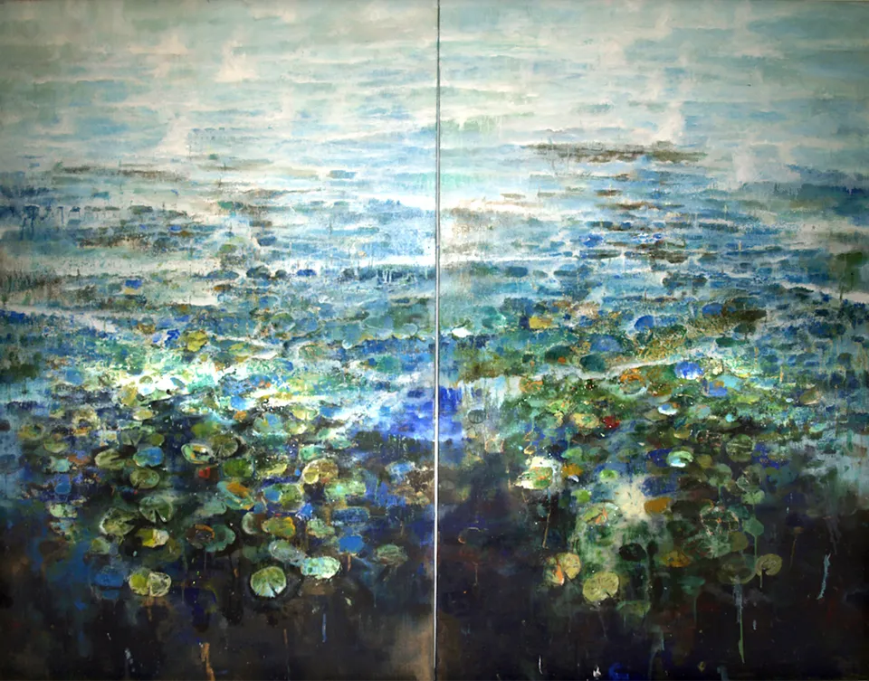 Francesco Santosuosso, Ninfee dittico, olio acrilici smalti e resine su tela, 150×100 cm