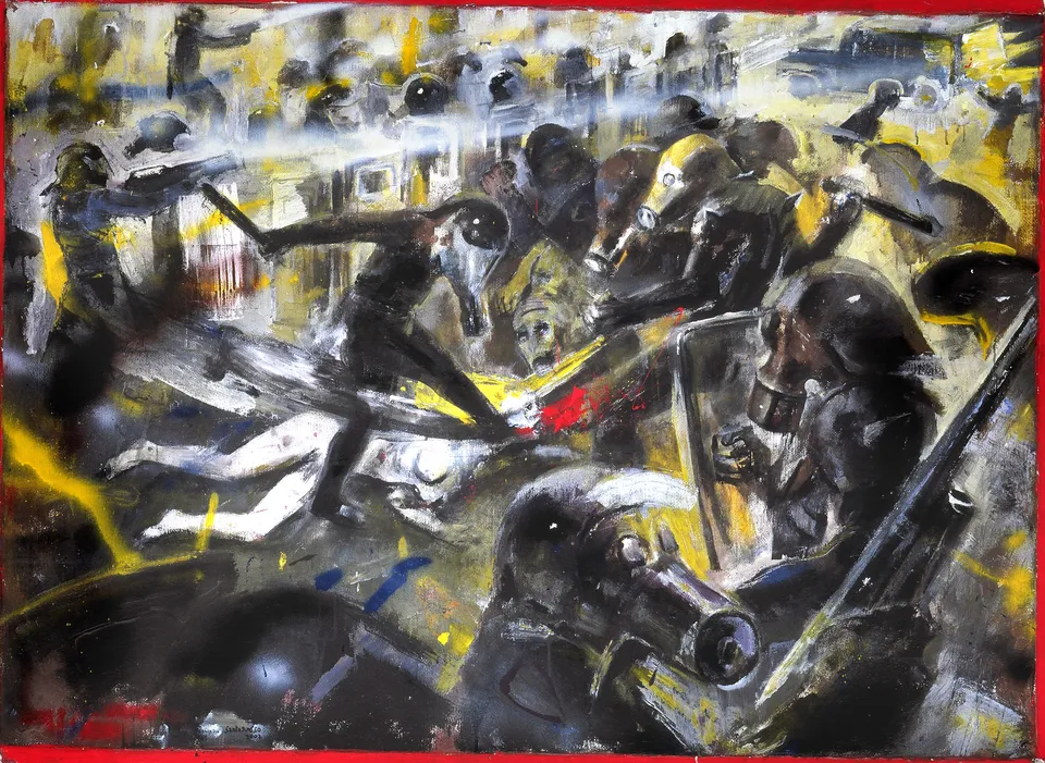 Francesco Santosuosso, No global, 2002, olio, 100×140 cm