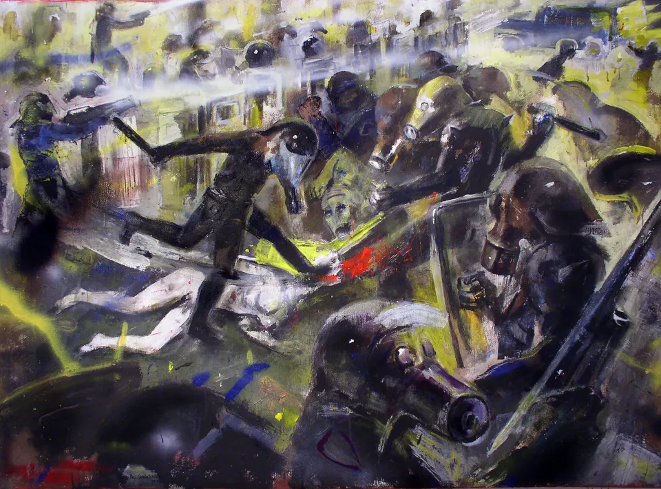 Francesco Santosuosso, No-global, 2002, olio, 100×140 cm