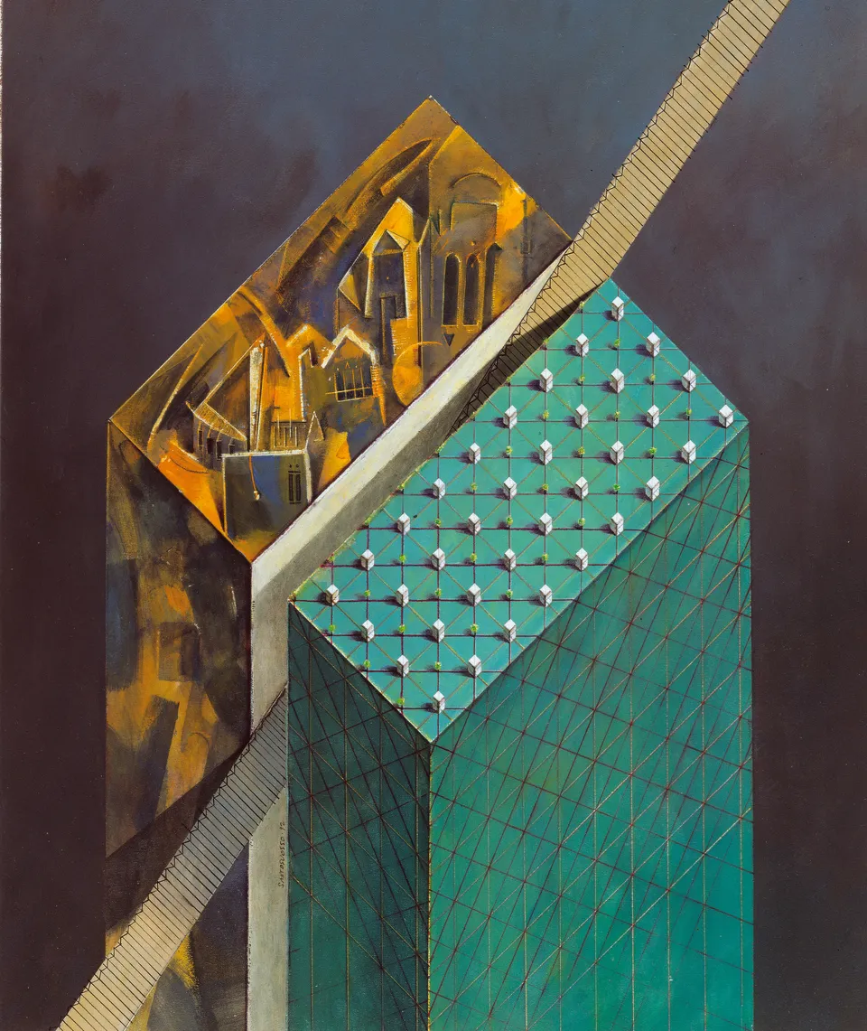 Francesco Santosuosso, Ordine e caos, 1992, olio e acrilico su cartone, 70×50 cm