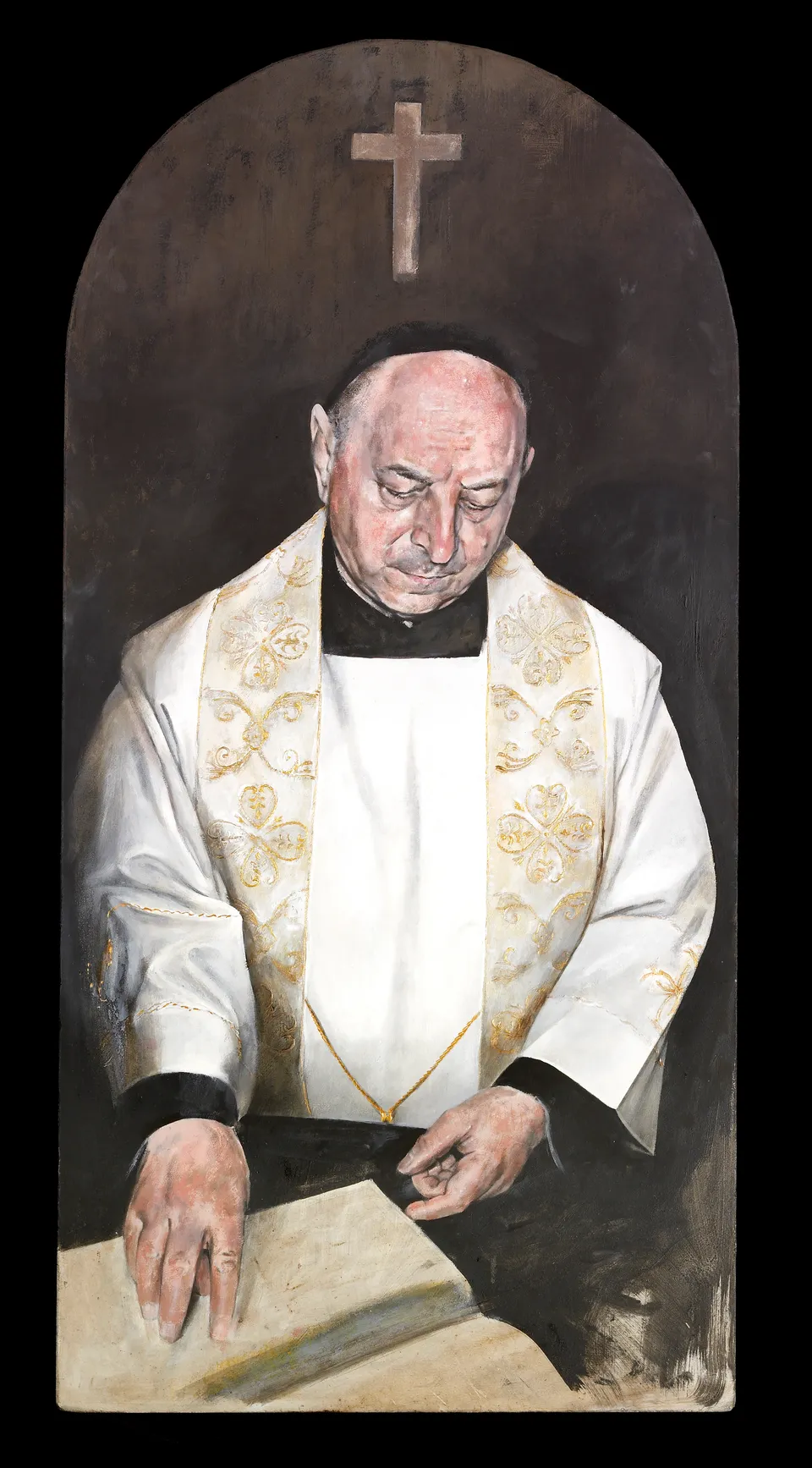 Francesco Santosuosso, Padre fiorenzo, 2008, olio su tavola centinata, 120×60 cm