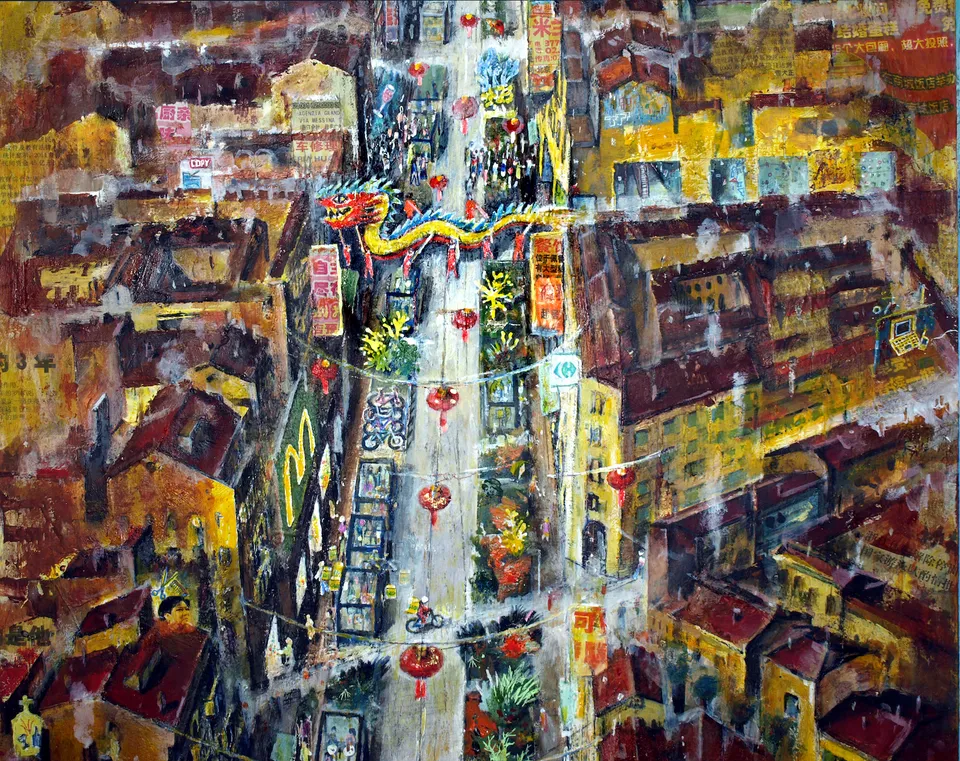 Francesco Santosuosso, PAOLO SARPI PARTICOLARE del quadro VIA PAOLO SARPI, 2022, acrilici su tavola, 100×50 cm