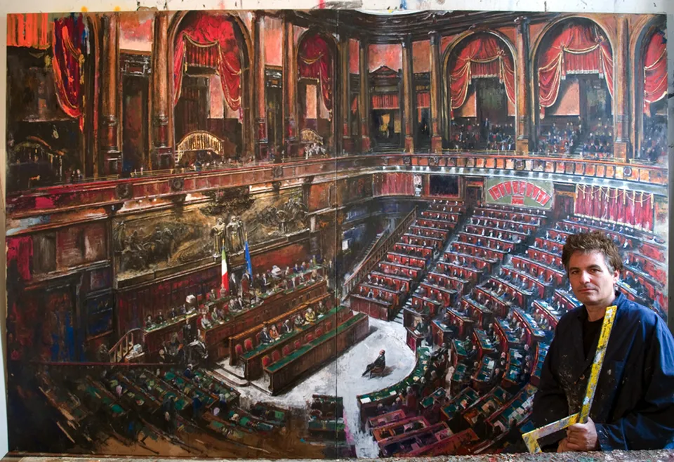 Francesco Santosuosso, Parlamento, 2011, olio e acrilico su tavola, 200×150 cm