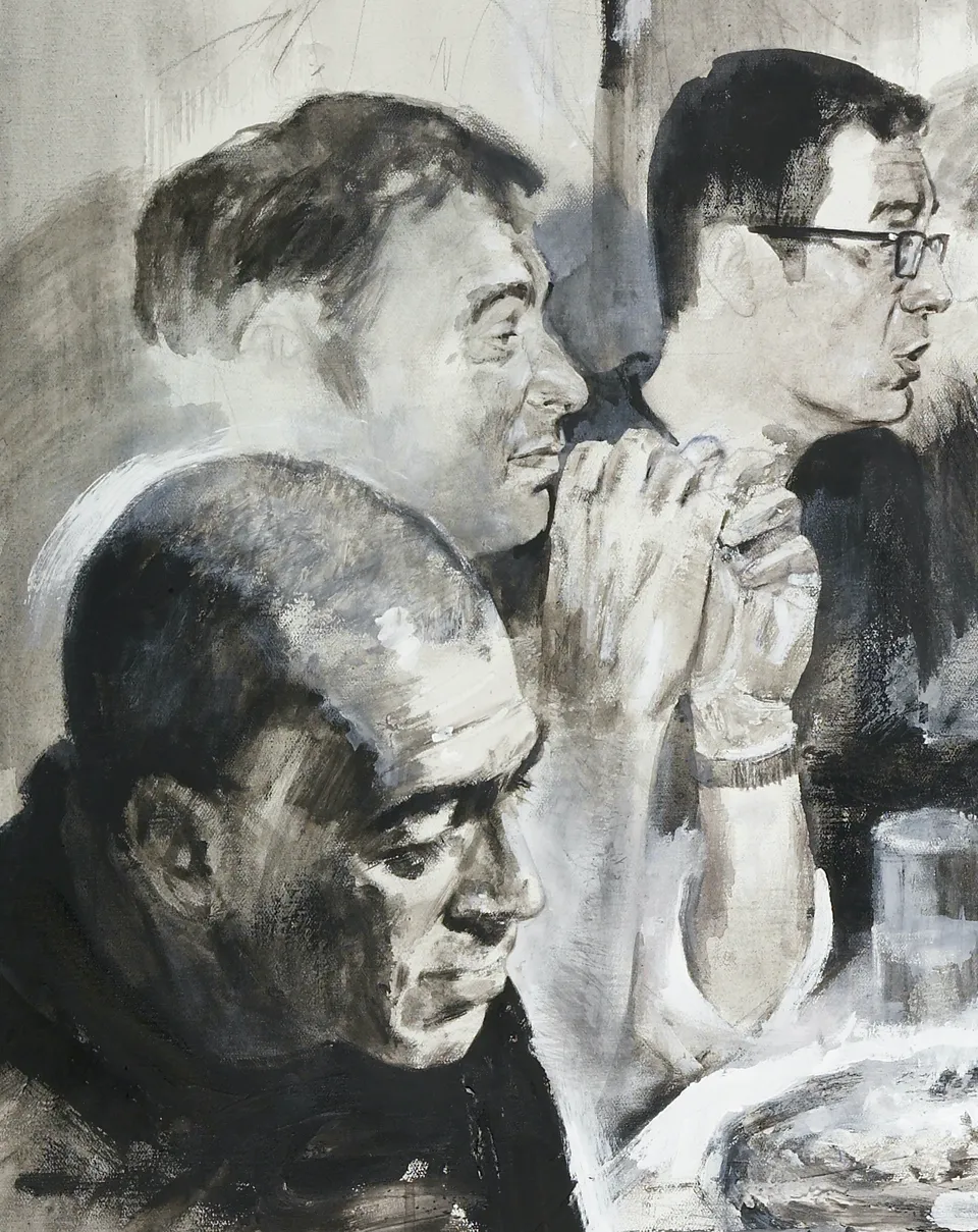 Francesco Santosuosso, Particolare 1 del dipinto COMPAGNIA MILANESE, 2008, tecnica mista su tela, 100×150 cm