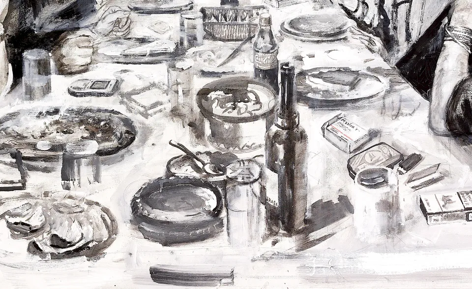 Francesco Santosuosso, Particolare 10 del dipinto COMPAGNIA MILANESE, 2008, tecnica mista su tela, 100×150 cm