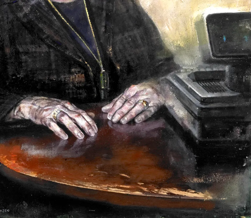 Francesco Santosuosso, Particolare 2 a signora ERCOLESSI, 2006, olio su tavola, 114×60 cm