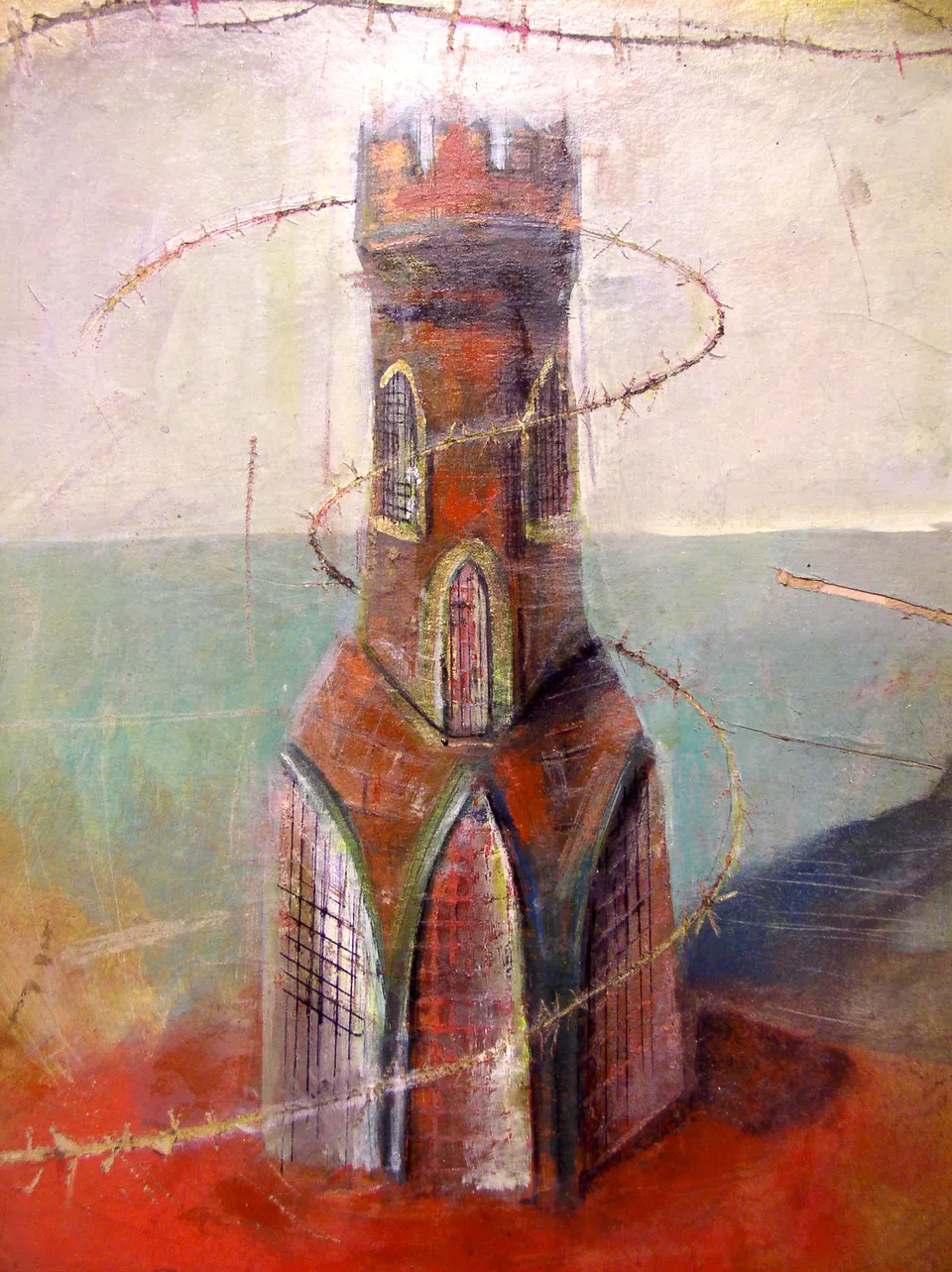 Francesco Santosuosso, Particolare 2 della VITA DI SANTA BARBARA DEI FULMINI, 2001, acrilico su carta su tavola, 106×70 cm