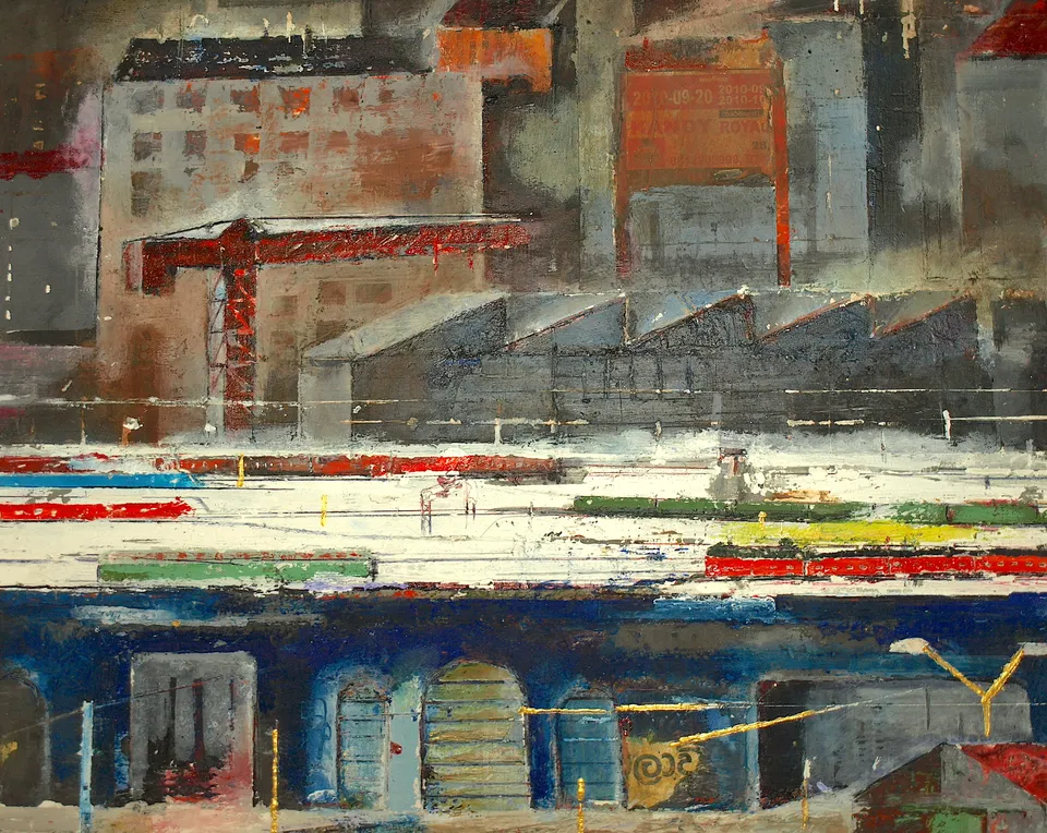 Francesco Santosuosso, Particolare 4 del dipinto MILANO_STAZIONE CENTRALE, 2024, olio, acrilici,smalti su tavola, 40×180 cm