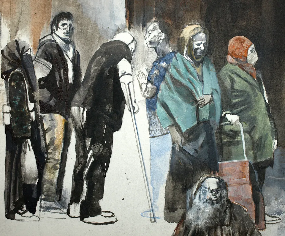 Francesco Santosuosso, Particolare 5 del dipinto, 2022, acquarello, china , acrilico, su tela, 100×170 cm