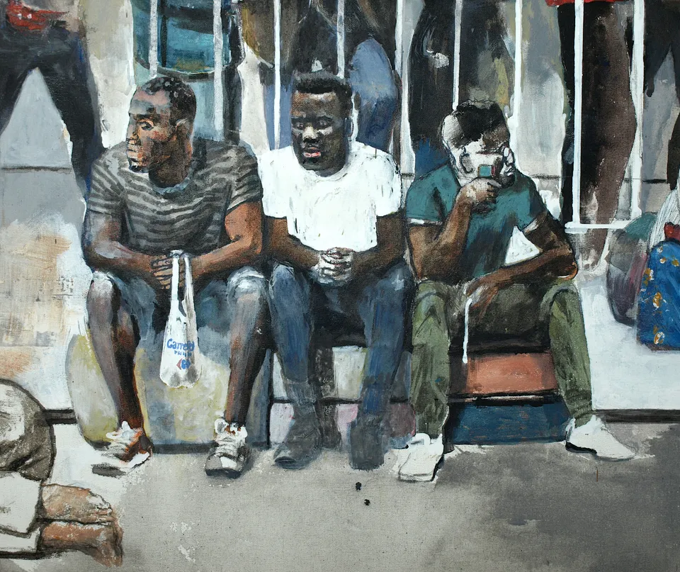 Francesco Santosuosso, Particolare 6 del dipinto, 2022, acquarello, china , acrilico, su tela, 100×170 cm