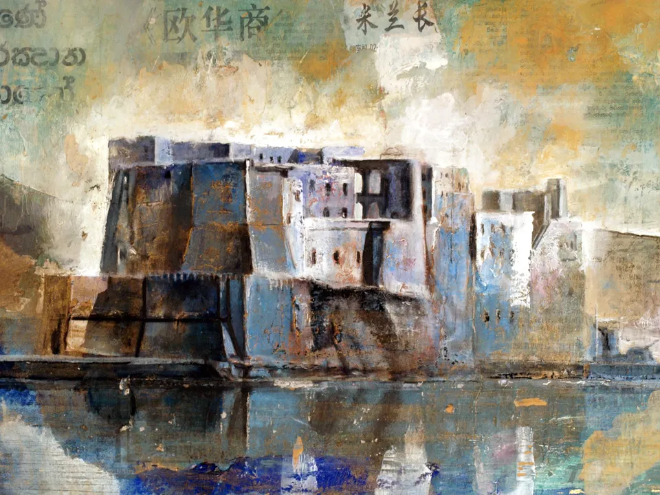 Francesco Santosuosso, PARTICOLARE Castel dell'Ovo5, 2012, olio e acrilici su collage su tavola, 26×76 cm