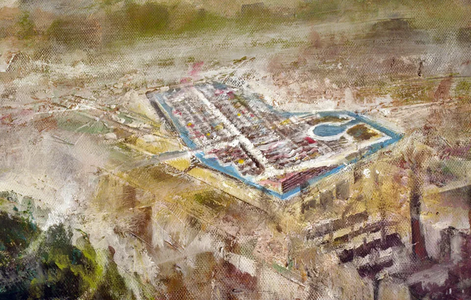 Francesco Santosuosso, Particolare col polo fieristico EXPO, 2012, olio acrilico su tela, 100×140 cm