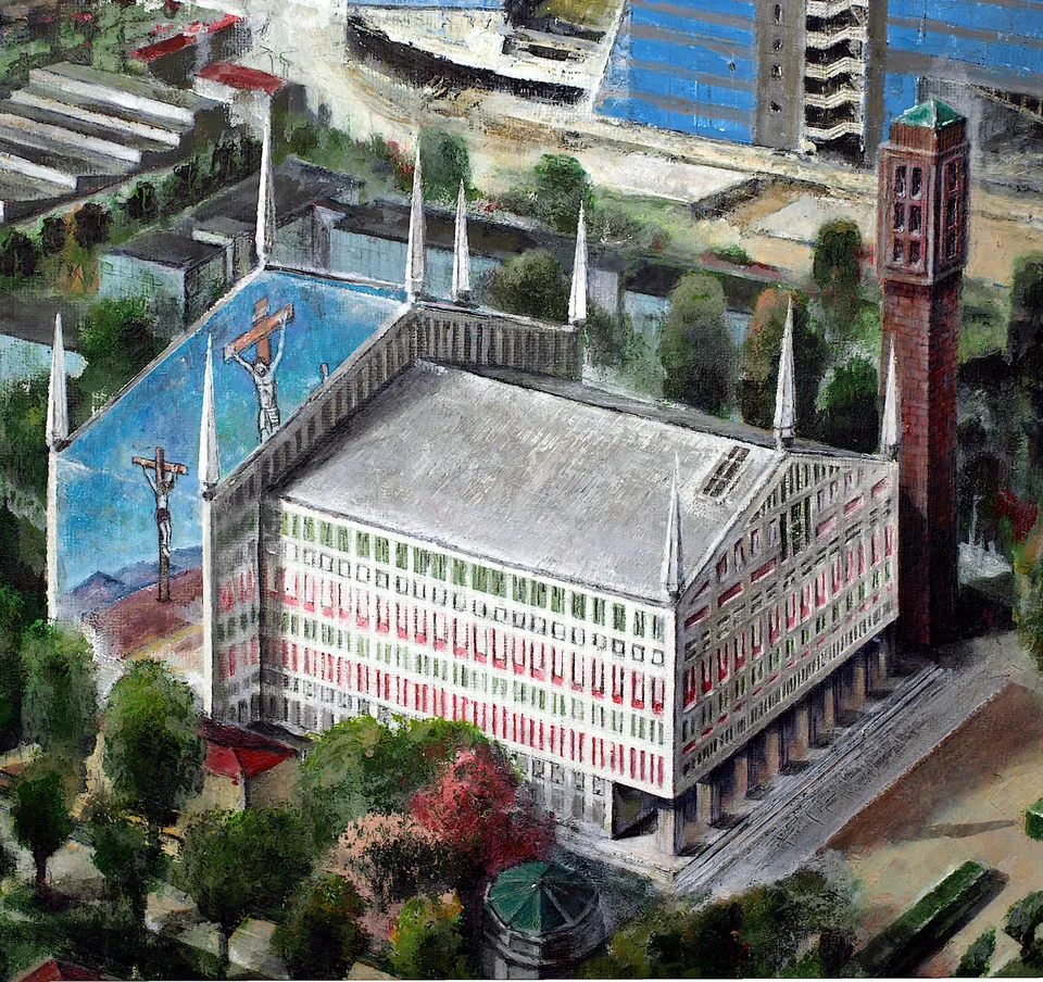 Francesco Santosuosso, Particolare con la parrocchia di santa Barbara dell'opera METANOPOLI, 2021, olio e acrilico su tela, 150×300 cm