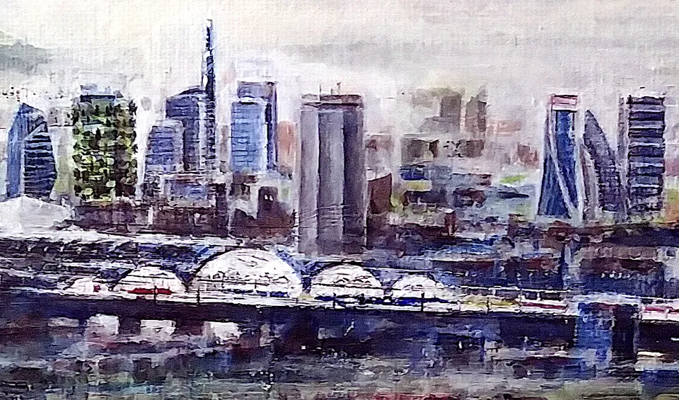 Francesco Santosuosso, Particolare con Milano dell'opera METANOPOLI, 2021, olio e acrilico su tela, 150×300 cm