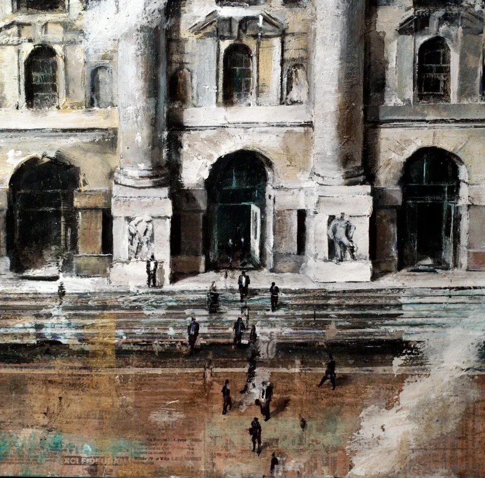 Francesco Santosuosso, PARTICOLARE DEL DIPINTO LA BORSA DI MILANO -- stucchi, 2010, olio, 70×80 cm