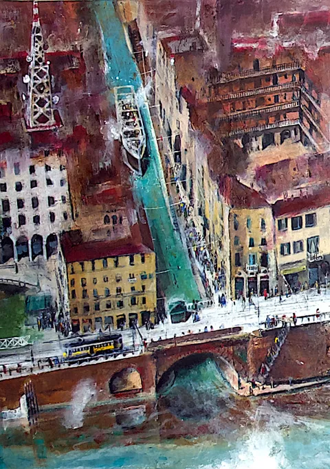 Francesco Santosuosso, Particolare del dipinto- LA DARSENA DI MILANO, 2017, olio e acrilici su tavola, 70×140 cm