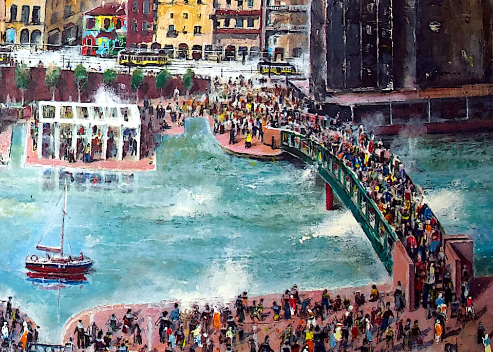 Francesco Santosuosso, Particolare del dipinto LA DARSENA DI MILANO, 2017, olio e acrilici su tavola, 70×140 cm
