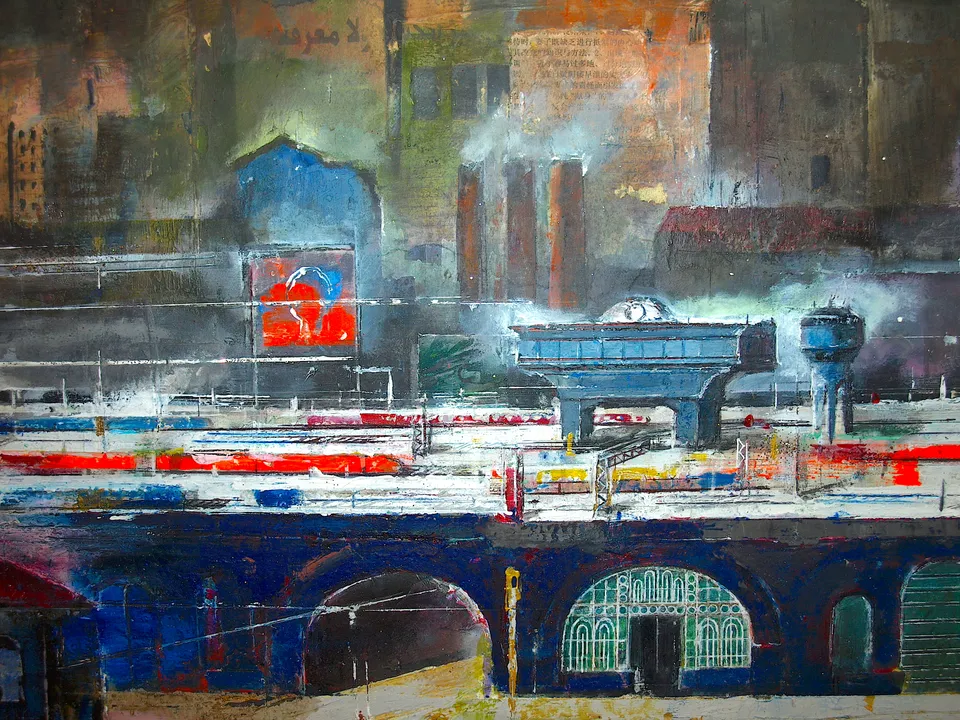 Francesco Santosuosso, Particolare del dipinto- MILANO_STAZIONE CENTRALE, 2024, olio, acrilici,smalti su tavola, 40×180 cm