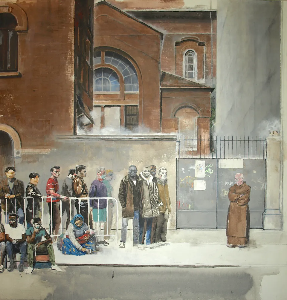 Francesco Santosuosso, Particolare dell' opera LA MENSA DELLA CARITÀ DI VIA CANOVA, 2022, acquarello acrilico china su tela, 100×170 cm