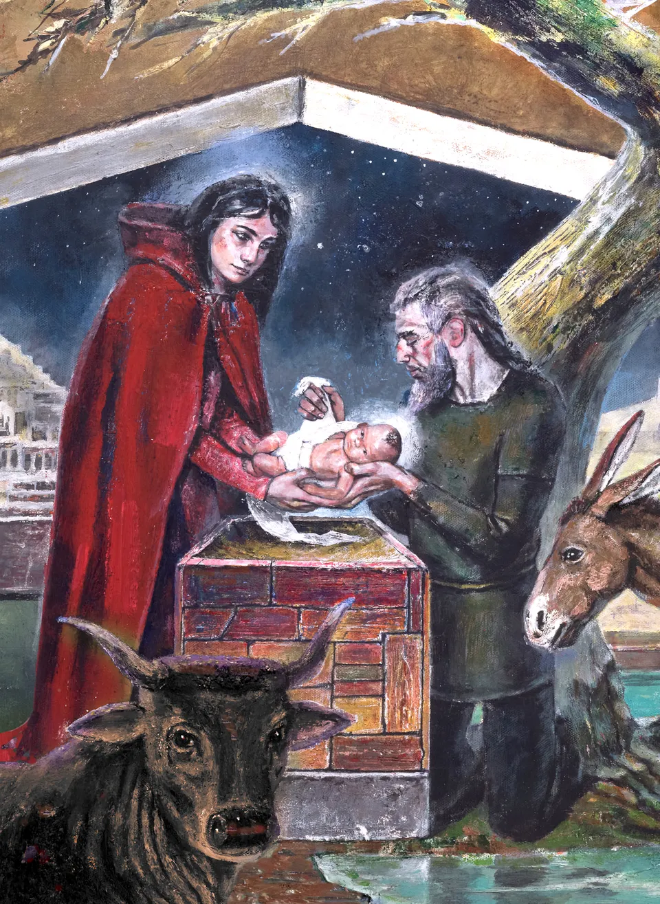 Francesco Santosuosso, Particolare dell' opera NATIVITA', 2022, olio su tela, 230×340 cm