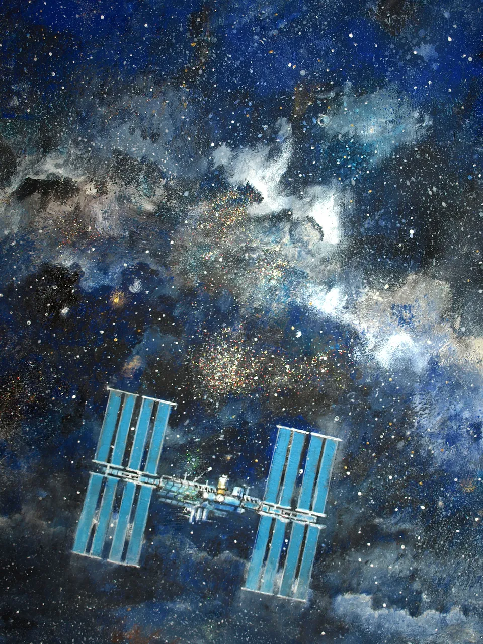 Francesco Santosuosso, Particolare, ISS, stazione spaziale internazionale, 2024, olio e acrilico su tela, 150×100 cm